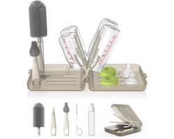 Reisflessenborstelset - 5stuks - 3 borstels，1 subfles，1 opbergbox (met afvoerkolom) - draagbare flessenreinigerset met siliconen borstel - opvouwbaar droogrek - Transparante koffiekleur