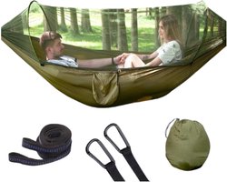 Reishangmat met Muggennet 1 Persoons – Groen - Ideale hangmat voor op reis, gemaakt van ademend parachutestof. Slechts 750 gram en zeer compact, perfect voor wandelen, fietsen. Met muggennet voor bescherming tegen insecten.