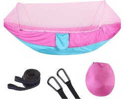 Reishangmat met Muggennet 1 Persoons – Roze/blauw - Ideale hangmat voor op reis, gemaakt van ademend parachutestof. Slechts 750 gram en zeer compact, perfect voor wandelen, fietsen. Met muggennet voor bescherming tegen insecten.