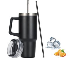 Reismok Met Handvat - Stanley Beker Met Rietje En Handvat - Koffiebeker Roestvrij Staal Dubbelwandig Met +2 Rietjes - Vacuüm Geïsoleerde Reisbeker Voor Warme Of Ijskoude Drank (Zwart - 30 Oz)