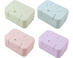 Reiszeepbakjes - Zeepdozen met deksel - Vochtige Zeep Vervoeren - Verhoogd Afvoergroefontwerp - 4 stuks - Groen Blauw Paars Roze