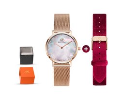 Reitsman dameshorloge 32mm met parelmoer wijzerplaat en roségoudkleurige en donkerrood fluwelen bandje W00.2879DRVL