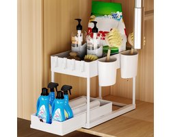 Rek 2 etages voor onder wastafel, spoelkastorganizer met schuiflade, spoelkastrek, onderkastorganizer met 4 haken en 2 kopjes, organizer voor onder de gootsteen, voor badkamer, keuken, wit