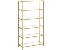Rek met 6 planken, badkamerrek, gehard glas, eenvoudige montage, voor badkamer, woonkamer, keuken, kantoor, transparant metallic goud