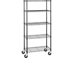 Rek met Wielen en 5 Planken, In Hoogte Verstelbare Niveaus, Max. Gewicht 680 kg, Zwart, 76,2 x 35,56 x 164,47 cm (L x B x H)