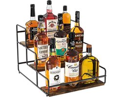 Rek voor flessen van sterke drank, 3-laags drankrek, koolstofstalen barkast met houten basis en retiner-bar voor whisky, siroop, wijn, wijnrek voor aantal, keuken, koffiebar, zwart