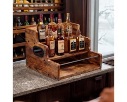 Rek voor sterke drank, houten wijnrek met 3 lagen en een dienblad voor flessen sterke drank, een plank voor flessen likeur, een barkast voor 12 flessen whisky, alcohol en dranken