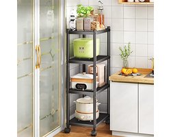 Rekken, 4-laags metalen keukenwagen op wielen, multifunctioneel, zwaar belastbaar, smal opbergrek met wielen en antislipvoeten, voor garage, keuken, kantoor, boekkamer, hoek, zwart