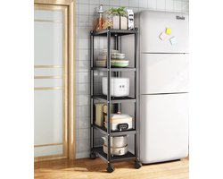 Rekkenrek, 5-Laags Staand, Zware Metalen Rek, Multifunctionele Smalle Opbergwagen Met Wielen En Antislipvoeten, Voor Garage, Keuken, Kantoor, Boekkamer, Hoek, Zwart
