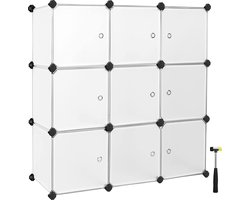 Rekkensysteem, 9 kubussen, plastic garderobe, met deuren, schoenenrek, opslag voor kleding, schoenen, speelgoed en boeken, schappen zonder bout, gemakkelijke montage, wit, wit