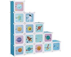Rekkensysteem met 15 kubussen, opbergkast voor kinderen, boutloze rekken, plastic schoenenrek, garderobe met deuren, multifunctioneel, schoenen, speelgoed, 153 x 31 x 153 cm, blauw