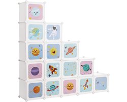 rekkensysteem met 15 kubussen, opbergkast voor kinderen, klemplank, plastic schoenenrek, garderobe met deuren, multifunctioneel, schoenen, speelgoed, 153 x 31 x 153 cm, wit LPC902W