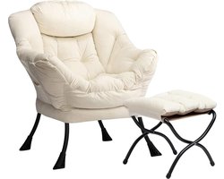 Relax Fauteuil met Voetenbank - Comfortabele Stoel met Armleuningen - Stalen Frame - Ideale Leesstoel - Accentstoel voor Woonkamer & Slaapkamer - Lounge Chair in Beige Kleur
