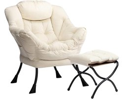Relax Fauteuil met Voetenbank Woonkamer Stoel Slaapkamer Stoel Lounge Stoel met Armleuningen Leesstoel Accentstoel met Stalen Frame, Beige