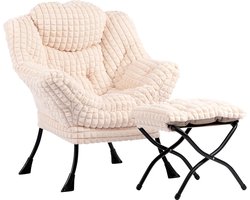 Relax Fauteuil met Voetenbank Woonkamer Stoel Slaapkamer Stoel Lounge Stoel met Armleuningen Leesstoel Accentstoel met Stalen Frame, Pluche Beige