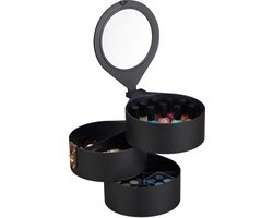 Relaxdays Make-Up Organizer - Driedelig - Rond - Met Spiegel - Opbergdoos Cosmetica - Sieradendoos Zwart