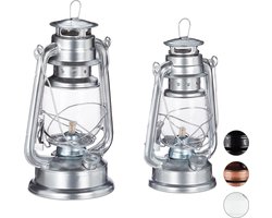 relaxdays olielamp set 2 stuks - stormlamp - petroleumlamp - windlicht - stormlantaarn zilver