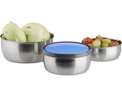 Relaxdays Schalen Met Deksel - Schalenset - 3 Stuks - Slakom - Keukenschalen - RVS - Luchtdicht - Kommen Set - Blauw
