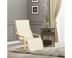 Relaxfauteuil 66,5 x 94 x 100 Cm - Met 5-Standen Verstelbare Voetensteun - Voor Woonkamer En Leeshoek - Stof En Berkenhout - Cremewit