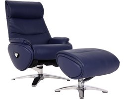 Relaxfauteuil met hocker MCW-K98, TV-fauteuil, relaxfunctie, draaibaar, metaal echt leer/kunstleer ~ blauw