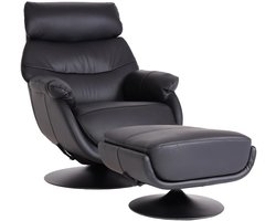 Relaxfauteuil met hocker MCW-K99, TV-fauteuil, draaibare schommelfunctie, metaal echt leer/kunstleer ~ zwart