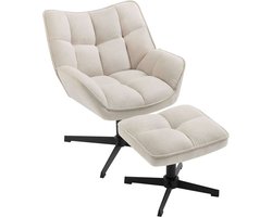 Relaxfauteuil met Kruk: 360° Draaibare Beige Loungestoel van Linnen, Comfortabel en Gestoffeerd