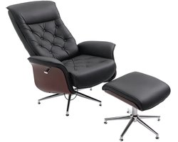 Relaxfauteuil met Voetenbank - 360° Draaibaar - Gestoffeerde Fauteuil - Kantelbaar tot 145° - Verstelbare Rugleuning - tot 150 kg - Retro Chesterfield Design - Relaxstoel - Ligstoel - TV Stoel - Loungestoel - Leesstoel - Zwart