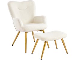 Relaxfauteuil met Voetenbank – Klapbare Rugleuning – Bouclé Stof – Oorfauteuil in Wit/Crème – Comfortabele Loungestoel met Hocker