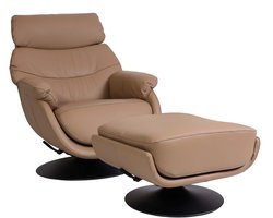 Relaxfauteuil met voetenbank MCW-K99, tv-fauteuil Fauteuil, schommelfunctie, draaibaar, metaal Echt leer/kunstleer ~ taupe