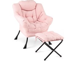 Relaxfauteuil met voetenbank - Opvouwbare lounge stoel met zachte PP-katoenen vulling, armleuningen en zijvak - 2-in-1 voetensteun en kruk - Comfortabele leesstoel voor woonkamer, slaapkamer en balkon