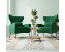Relaxfauteuil Set van 2 103x69x58 cm – Fluwelen Fauteuil met Hoofdkussen & Gouden Metalen Poten – Oorfauteuil / Televisiestoel / Lounge Stoel – Groen – Urbanhome