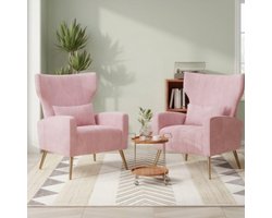 Relaxfauteuil Set van 2 103x69x58 cm – Fluwelen Fauteuil met Hoofdkussen & Gouden Metalen Poten – Oorfauteuil / Televisiestoel / Lounge Stoel – Roze – Urbanhome