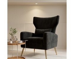 Relaxfauteuil Set van 2 103x69x58 cm – Fluwelen Fauteuil met Hoofdkussen & Gouden Metalen Poten – Oorfauteuil / Televisiestoel / Lounge Stoel – Zwart – Urbanhome