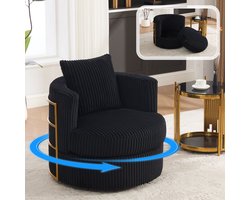 Relaxfauteuil van ribfluweel - 360° draaibaar - zachte armleuningen met hogedichtheidsschuim - opbergruimte onder de zitting - in zwart - ideaal voor slaap- en woonkamer