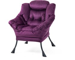 Relaxstoel - Luie stoel met zijvak - Ergonomisch - Metaal en fluweel - Voor slaapkamer en woonkamer - Paars