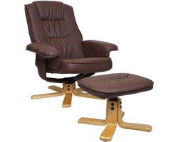 Relaxstoel M56, tv-stoel met voetenbank, kunstleer en eucalyptushout, MVG-gecertificeerd ~ roodbruin