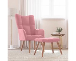 Relaxstoel met kruk en zitmeubel, stoel in roze fluweel, comfortabele armleunstoel met stalen frame en houten poten voor optimale stabiliteit en duurzaamheid