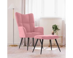 Relaxstoel met kruk in roze fluweel, 2-delige set met zachte velours bekleding en stabiele stalen constructie duurzaamheid, ergonomische zitmeubel