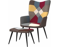 Relaxstoel met kruk - Leesstoel oorfauteuil - Ontspannen zitten - Patchwork design - Met voetsteun - Multicolor
