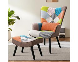 Relaxstoel met kruk patchwork stoel hout stoel woonkamer moderne oorfauteuil met massief houten poten televisiestoel linnen lounge stoel stoel oranje