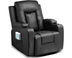 Relaxstoel met Verstelbare Rugleuning en Voetensteun, 360° Draaibare Lounge Stoel met Bekerhouders en Zijvakken, Ergonomisch Ontwerp met Volledige Lichaamsondersteuning, Kunstleer, Zwart