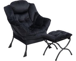 Relaxstoel met Voetenbank - Lounge Stoel met Armleuningen - Stalen Frame - Zwarte Fauteuil voor Woonkamer en Slaapkamer - Accent Leesstoel