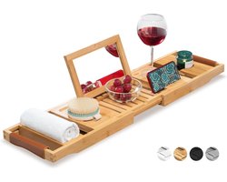 RelaxTub® Badplank - Bamboe - Verstelbaar Badrek voor in Bad - Anti-Slip - Inclusief Boekenhouder, Tablethouder & Spiegel - Natural