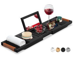 RelaxTub® Badplank - Bamboe - Verstelbaar Badrek voor in Bad - Anti-Slip - Inclusief Boekenhouder, Tablethouder & Spiegel - Zwart