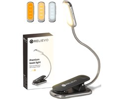 Relievo Leeslampje met Klem - 3 LED Kleuren - Voor Boek / Slaapkamer / Bureau - Back to School - Bed Nachtkastje Leeslamp - Staand Bedlampje Lamp - USB Oplaadbaar