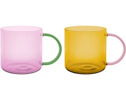 Remember - Set van 2 glazen 'Fred' - Roze Geel - Borosilicaatglas - Transparant