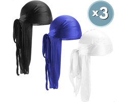 RENALUX - Durag Set van 3 Stuks - Hoofddeksel - Hoofddoek - Wave Cap - Haarnet - Haardeksel - Universeel - XXL Set van 3 Kleuren: Zwart, Blauw en Wit