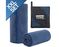 RENALUX Microvezel handdoek Set 2 delig - Microvezel Strandlaken Badlaken - Reishanddoek - Handdoeken Set Haar - Badhanddoeken - Strandhanddoek - Set van 200x100 cm en 40x60 cm met opberghoesje - Donkerblauw