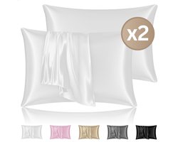 RENALUX - Satijnen Kussensloop Trend - Wit - kussenslopen 60 x 70 set van 2 - Zijden Zachte Kussensloop - Huidverzorging - Haarverzorging - Set van 2 Stuks - Rits Sluiting - Wit