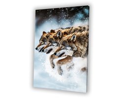 Rennende wolven door de sneeuw - Wolven portret - Wanddecoratie canvas dieren - Hyperrealisme - Schilderijen op canvas industrieel - Kantoor decoratie - canvas 60x90 cm